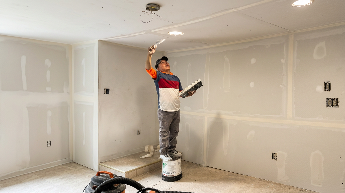 Drywall finisher smoothing joint compound on an interior wall