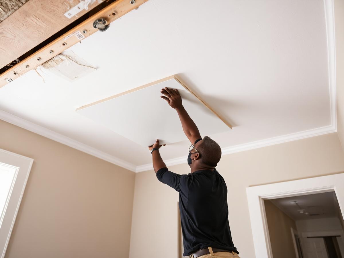 Ceiling Drywall Replacement — Damaged ceiling section replaced and blended in.